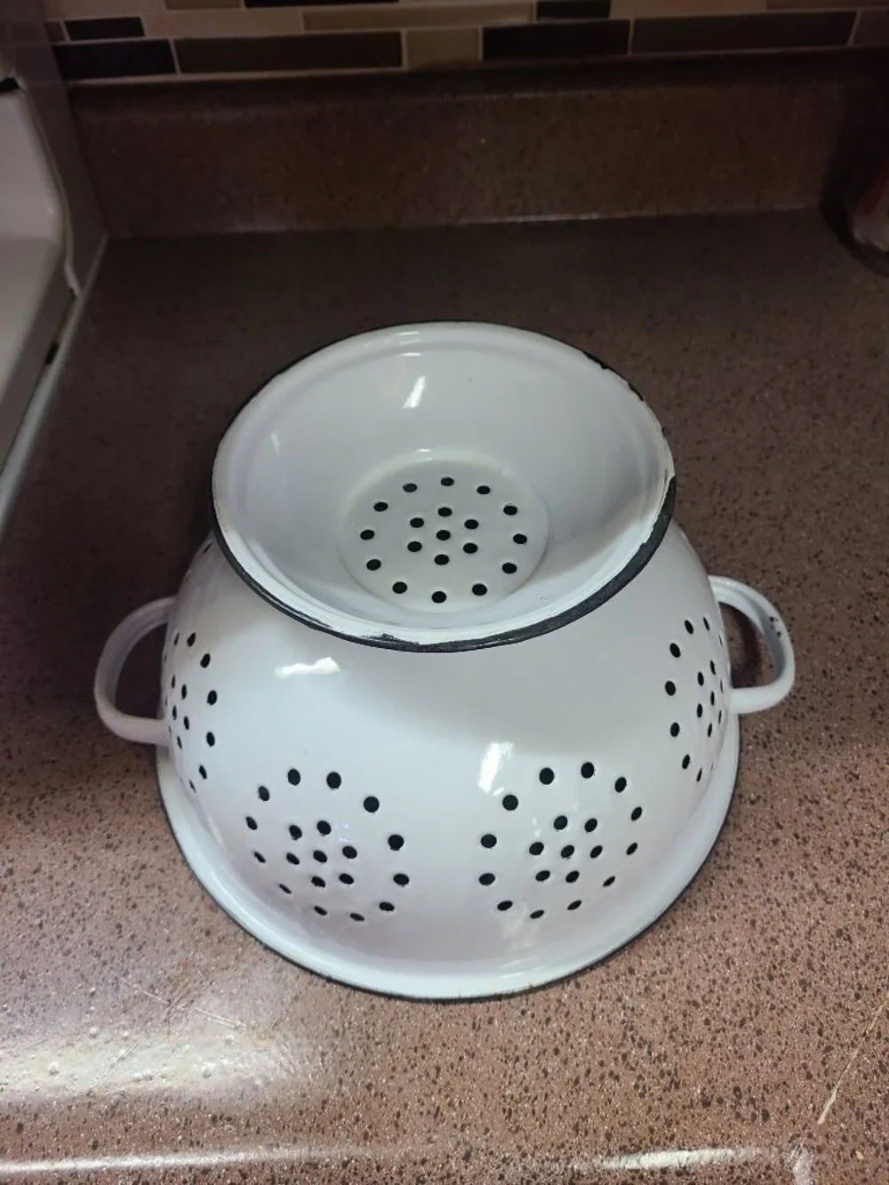 VTG Enamel Colander Strainer Graniteware Black & White with Handles